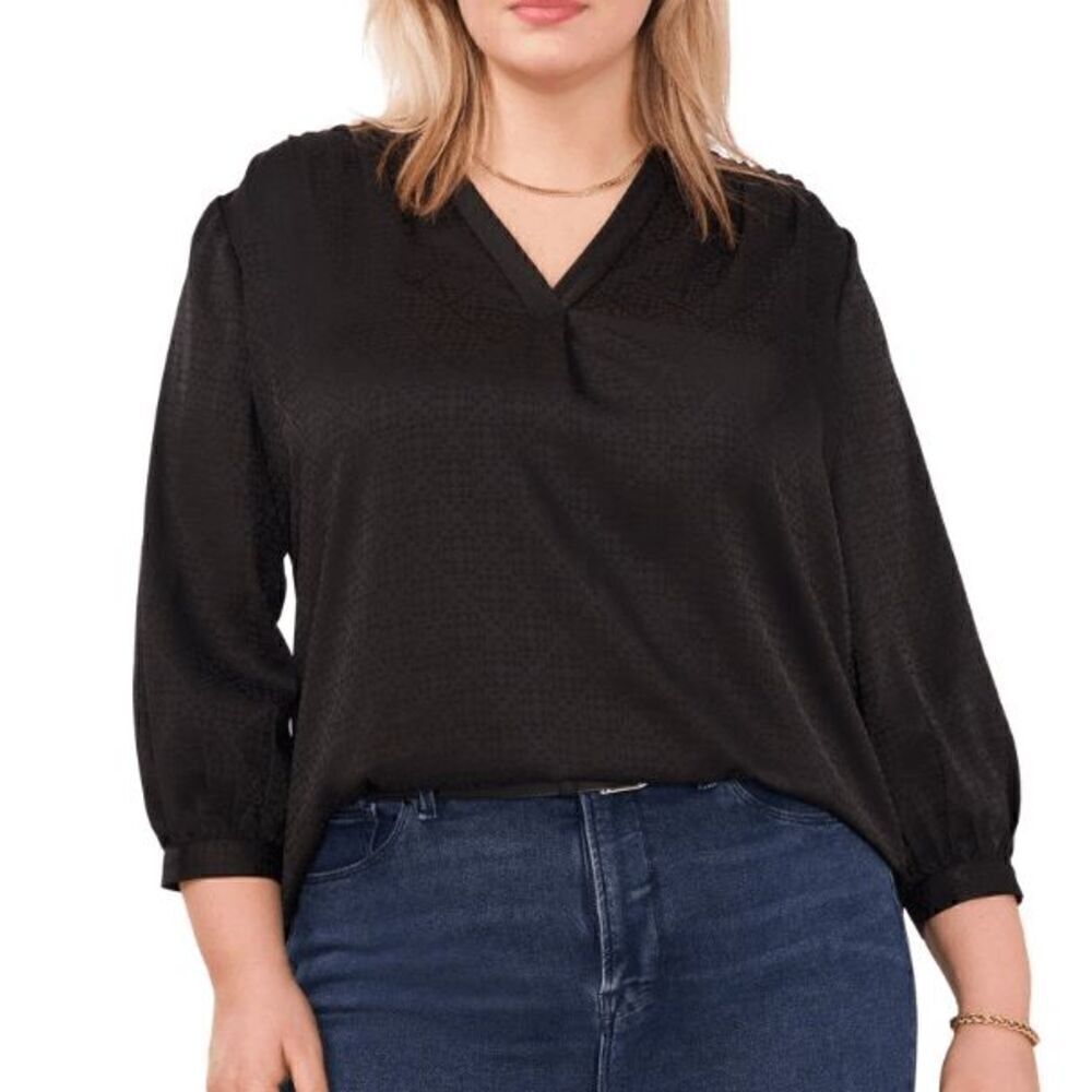 Vince Camuto Women's Plus Size Jacquard Patterned Blouse Rich Black 1X